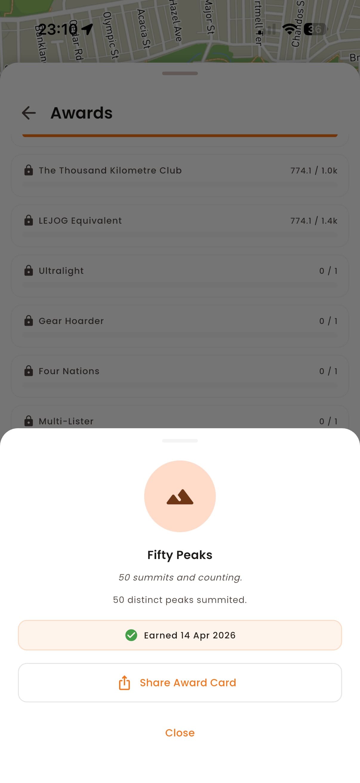 Awards and badges screen