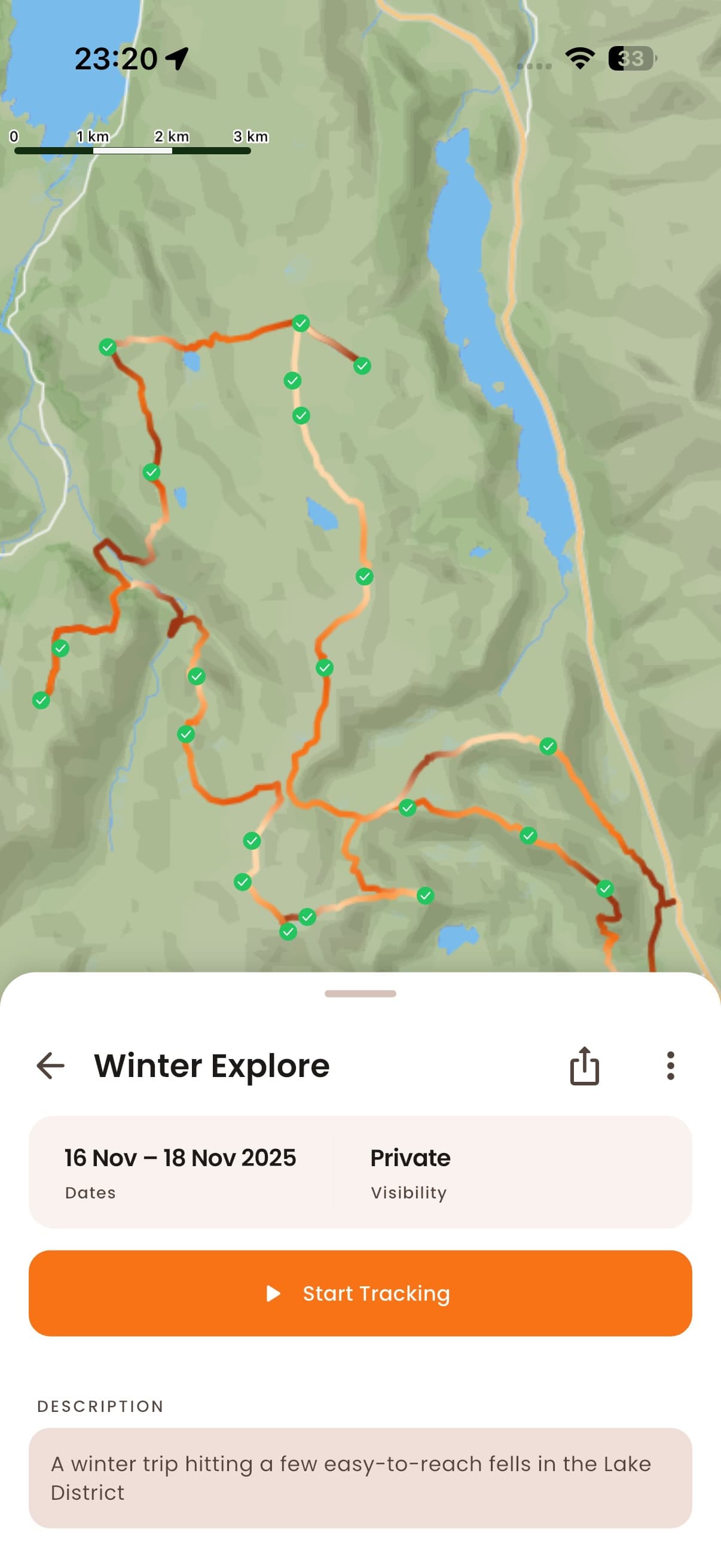 Trip planner calendar and route list